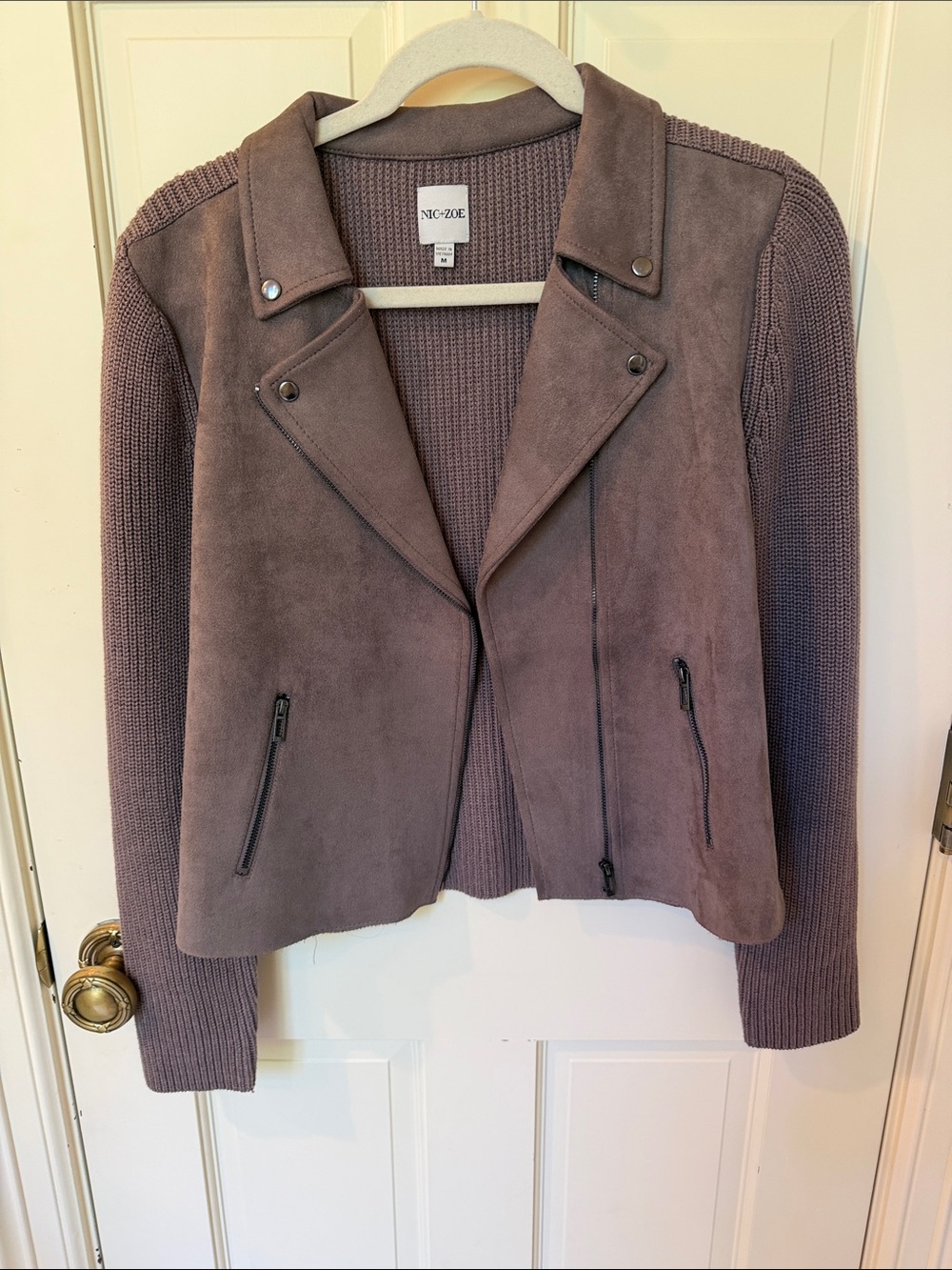NIC+ZOE Brown / Mauve Faux Suede-Front Knit Moto Jacket
